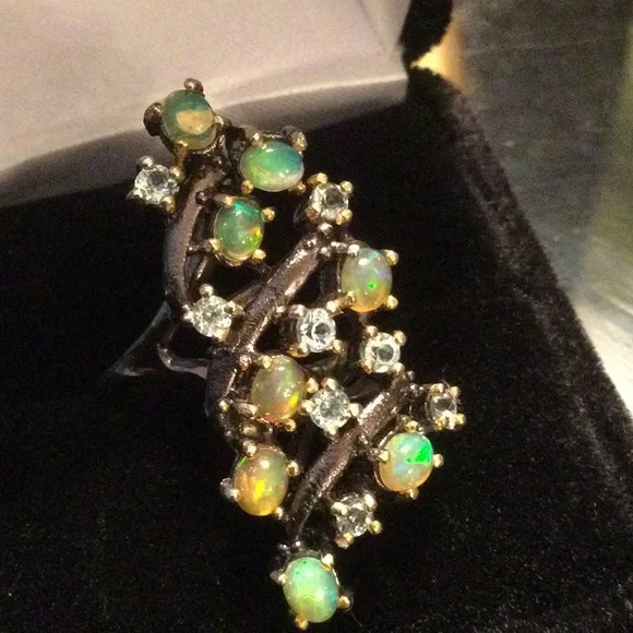 Enchanting Genuine Fiery Opals & Topaz Ring